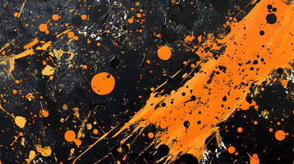 Wall Mural - Splattered enamel in cadmium orange and pitch black, bold and messy