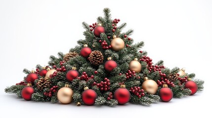 Wall Mural - Festive arrangement of red and gold Christmas ornaments with pinecones on a white background