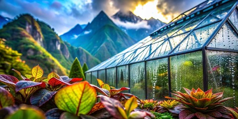 Wall Mural - Macro Photography: Modern Greenhouse nestled in Mountain Garden