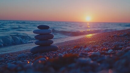 Canvas Print - Sunset beach stones zen balance ocean peace