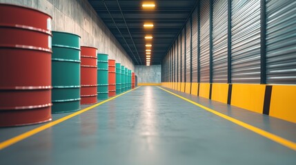 Poster - A modern storage facility featuring colorful barrels along a clean, wide corridor with bright lighting and industrial design elements.