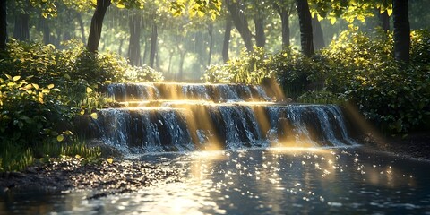 Wall Mural - A serene waterfall flows gently through a lush forest, illuminated by golden sunlight filtering through the trees, creating a tranquil and peaceful atmosphere.