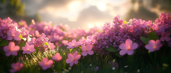 Wall Mural - A stunning field of vibrant pink flowers basking in warm sunlight, creating a serene and magical atmosphere. The scene is enhanced by soft, glowing hues and lush greenery.