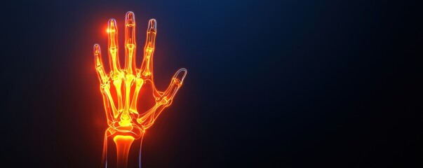 Fototapete - A glowing, transparent robotic hand is illuminated against a dark background, showcasing intricate details and a futuristic design.