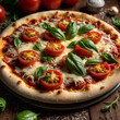 © Kateryna Polishchuk - Fresh aromatic pizza on the table with tomatoes and herbs. Modern stylish food photography.