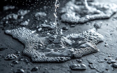 Fototapete - Water pouring, creating bubbles on dark surface