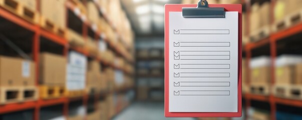 Poster - A clipboard with a blank checklist is displayed in a warehouse, surrounded by shelves filled with cardboard boxes.