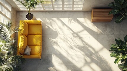 Canvas Print - Sunlit yellow sofa in modern living room, plants, overhead view, home decor