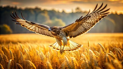 Wall Mural - Majestic Hawk Soaring Over Vast Golden Field Hunting Prey -  Architectural Photography Style