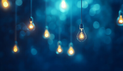 Wall Mural - A blue background with hanging light bulbs, one of which is glowing brightly against the dark backdrop