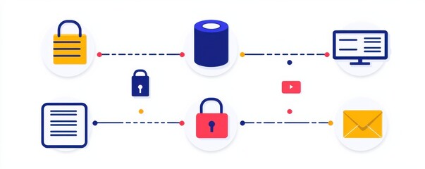 Leinwandbilder - A colorful illustration showcasing a network of secure connections between a database, computer, and various forms of communication, emphasizing data protection.
