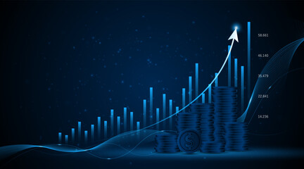 Aufkleber - Stack of coins and financial growth graph of business or profitable investment idea. The arrow increases the future growth of the company.
