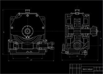 Wall Mural - assembly drawing of electrical reducer. vector design of steel mechanical device with shaft, worm ge