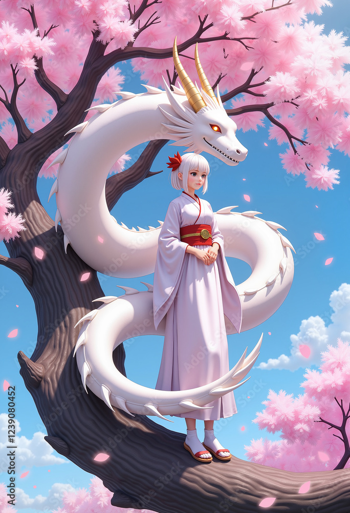 Mythical white dragon coils around cherry blossom tree, enchanted ...