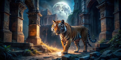 Wall Mural - Majestic Tiger Stalking in Shadowy Architectural Ruins at Night