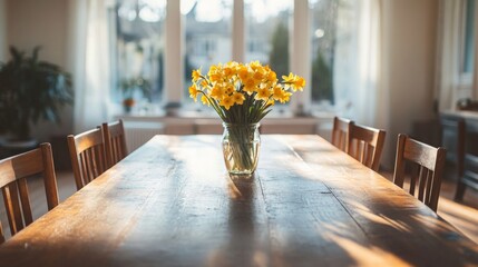 Poster - A tidy dining area is enhanced by a vase of vibrant yellow flowers placed on a rustic wooden table. Sunlight streams through large windows, illuminating the warm and inviting space.
