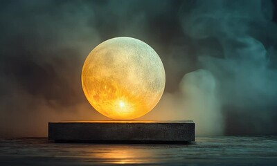 Wall Mural - A glowing sphere emits warm light, surrounded by mist, creating a mystical atmosphere.