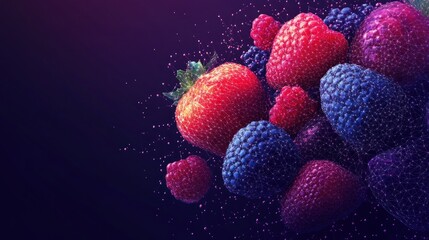 Vibrant raspberries, strawberries, and blackberries splashing on a dark background.