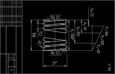 Wall Mural - assembly drawing of wire spring. vector design of steel mechanical device with dimension lines. engi
