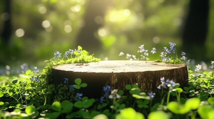 Poster - A wooden stump sits surrounded by lush green foliage and delicate wildflowers, basking in warm sunlight that filters through the trees. This tranquil setting captures the essence of spring's renewal.