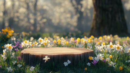 Aufkleber - A wooden podium stands in a spring meadow adorned with colorful flowers including daisies and daffodils. Sunlight filters through trees, creating a serene atmosphere perfect for outdoor events.