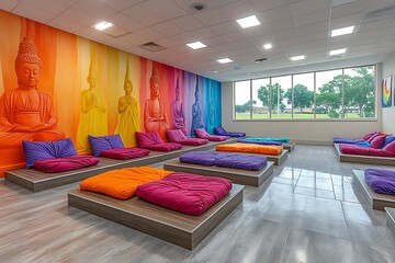 Wall Mural - Serene Meditation Room With Colorful Buddha Wall Art