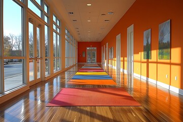 Wall Mural - Sunlit Yoga Studio Hallway With Colorful Mats