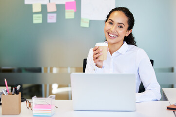 Leinwandbilder - Office, laptop and portrait of woman with coffee for administration, hr career and morning drink. Corporate, receptionist and person on computer for planning schedule, business info and research