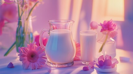 Wall Mural - carafe and glass  of milk on pastel background