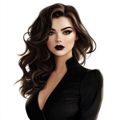 Wall Mural - Mysterious woman with dark lipstick, wavy hair, and an elegant black outfit, creating a captivating look, isolated on white background