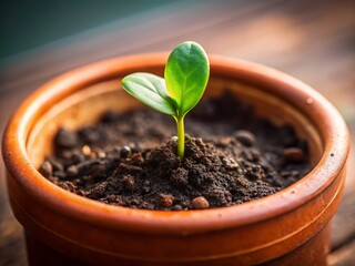 Canvas Print - Minimalist Sprout: New Life Emerging from Dark Soil in Small Pot