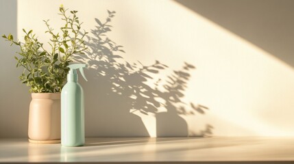 Poster - A pastel green spray bottle rests on a shelf near a light beige pot containing vibrant green plants. Sunlight casts delicate shadows, enhancing the freshness of spring cleaning.
