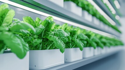 Wall Mural - A vibrant display of leafy greens in modern planters, arranged neatly on illuminated shelves, showcasing a fresh and healthy indoor garden.