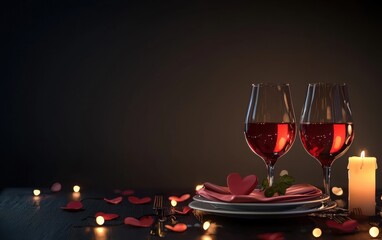 Wall Mural - Romantic candlelit table setup with wine glasses, soft glowing lights, and a blank space for love and celebration text for Valentines Day, 8 March, and International Womens Day