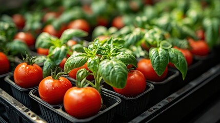 Wall Mural - Fresh red tomatoes and vibrant green basil plants growing in organized trays under bright lights