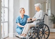 © Nina Lawrenson/peopleimages.com - Home, caregiver and old woman in wheelchair for support, assistance and rehabilitation with smile. House service, nurse and senior patient with disability for recovery, retirement and help with care