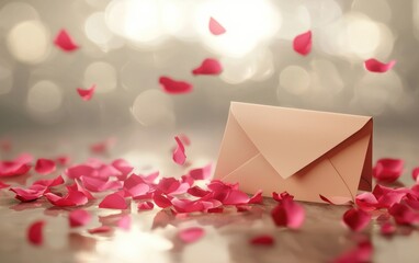 Wall Mural - Romantic love letter with a sealed envelope, scattered rose petals, and a soft-focus background, creating an inviting space for custom text for Valentines Day, 8 March, and International Womens Day