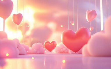 Wall Mural - Romantic Valentines Day background with glowing hearts, soft pink tones, and a dreamy text area