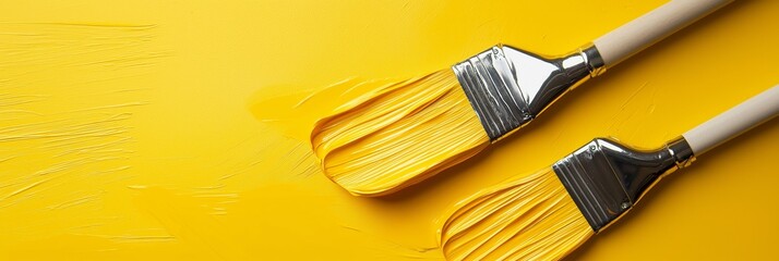 Two brushes sit elegantly with vivid yellow paint on a textured background.