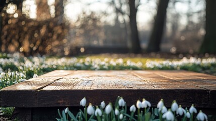 Poster - A wooden podium rests on the ground, surrounded by blooming spring flowers. The soft sunlight filters through trees, creating a tranquil atmosphere typical of early spring.