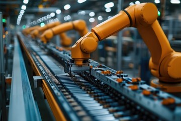 Fototapete - Robotic arms working on assembly line in modern factory