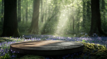 Poster - A wooden podium sits in a lush spring forest, surrounded by vibrant bluebells and foliage.