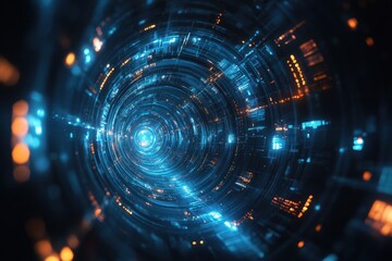 Poster - Futuristic tunnel rotating with blue and orange lights and digital data flowing