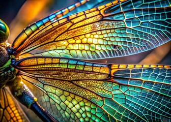 Wall Mural - Dragonfly's Wings: A close-up of a dragonfly's wings, revealing intricate patterns of veins and colors shimmering with light. An abstract tapestry of nature's artistry.