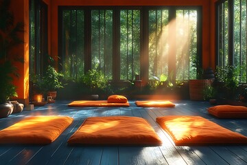 Wall Mural - Serene Sunlit Yoga Studio With Orange Cushions