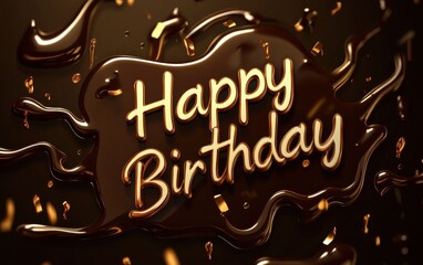 Wall Mural - of Happy Birthday Created with Melting Chocolate and Caramel Drizzle on a Dark Elegant Background, Rich and Luxurious Aesthetic