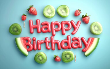 Wall Mural - of Happy Birthday Formed with Fresh Slices of Fruits Like Watermelon, Kiwi, and Strawberries on a Soft Pastel Background, Healthy and Vibrant