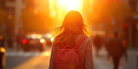 A woman walks through a sunset lit city street, her backpack slung over her shoulders