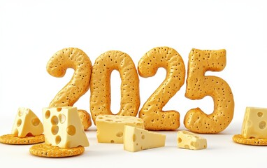 Wall Mural - 2025 Created from Various Types of Cheese and Crackers Isolated on a White Background