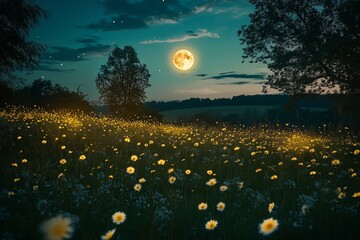 Wall Mural - A mystical, glowing firefly meadow under the light of a full moon.